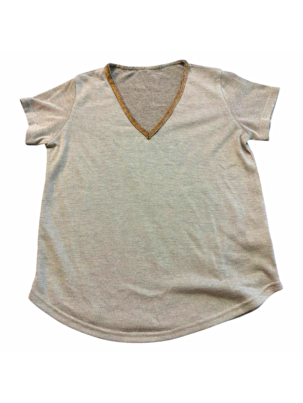 Molly Bracken, Beige, 24x19 in, Women’s Beige V-Neck Short Sleeve Top Gold Trim
